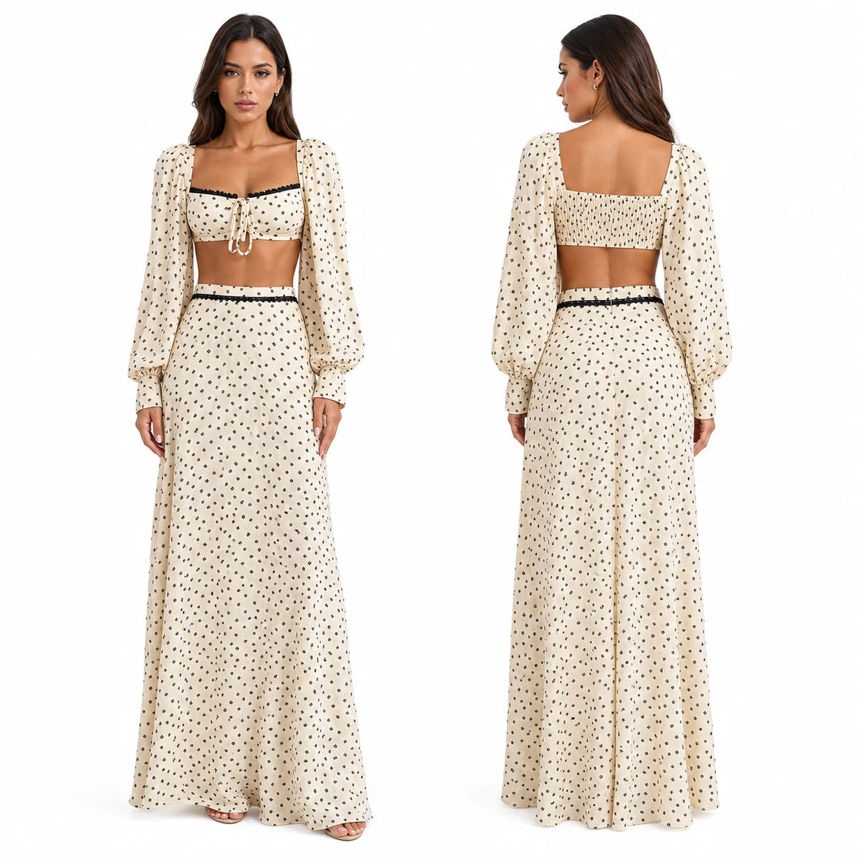 Women 2 Piece Boho Matching Sets, Integrated Puff Long Sleeve Cutout Back Tie‑Front Crop Top & High Waist Flowy Polka Dot Maxi Skirt, Summer Beach Vacation Co‑Ord Outfits - Matrix-studios.com