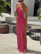 Sexy See Through Knit Backless Lace-up Split Bodycon Beach Dress 2026 Summer Women Solid Halter Holiday Swimwear Cover-ups A2797 - Matrix Studios