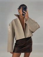 Crocodile Pattern Embossed Short Women Leather Jacket Stand Collar Zipper Long Sleeved Cropped Jackets 2026 Street Daily Outfit - Matrix Studios