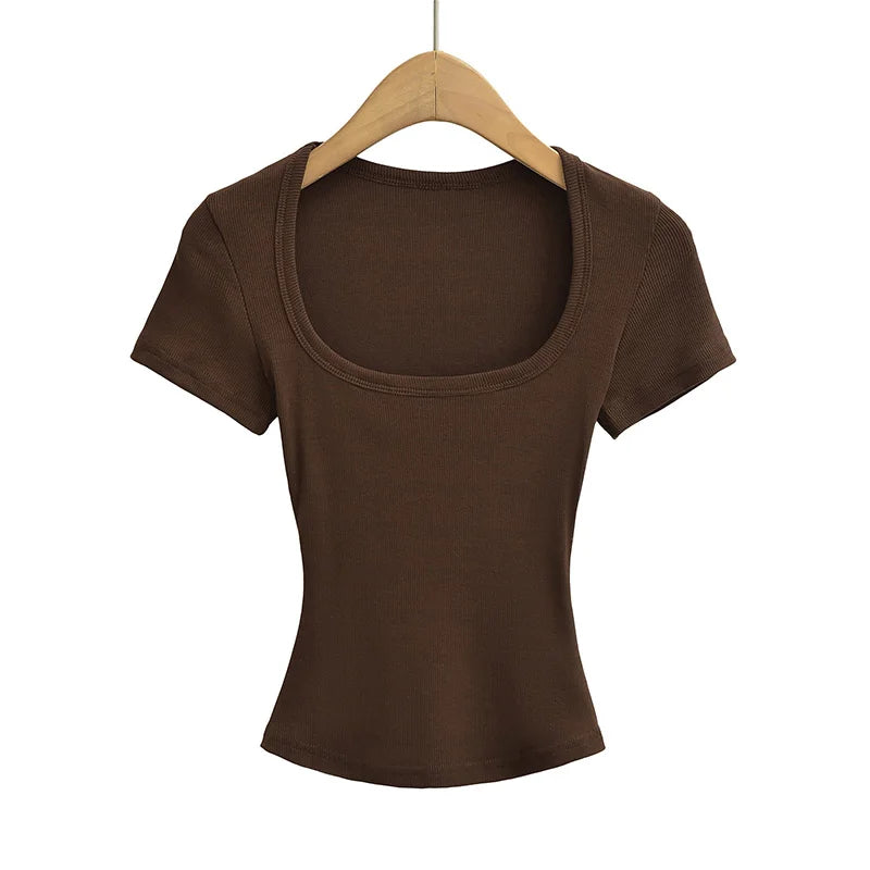 Summer square neck high elasticity crop top women's short sleeved sexy top slim fit pullover base shirt - Matrix-studios.com