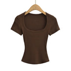 Summer square neck high elasticity crop top women's short sleeved sexy top slim fit pullover base shirt - Matrix-studios.com