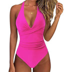 Leopard Print Wrinkled Halter V Neck One Piece Swimsuit Women Swimwear Monokini Backless Bathing Suit Swim Beachwear Bodysuit - Matrix Studios