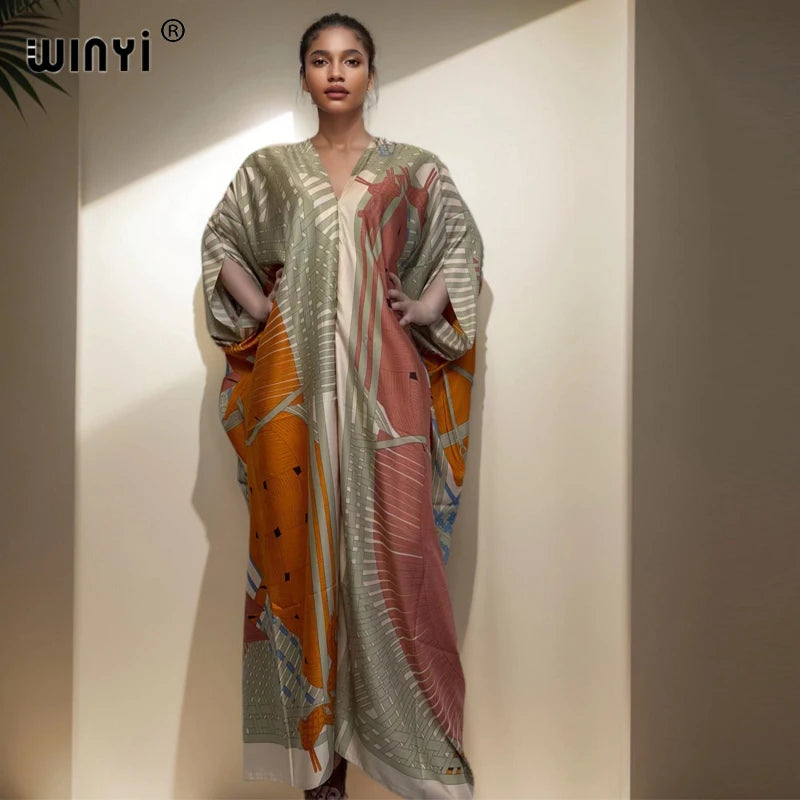 WINYI summer kaftan kuwait Women Boho print Beach Maxi Dress abaya dubai luxury abaya muslim woman dubai Fashion evening dress - Matrix-studios.com