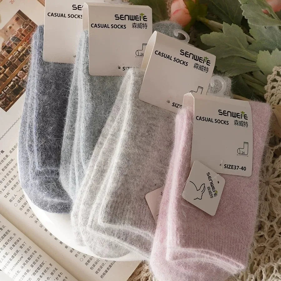Wool Socks for Women Autumn Winter Medium Tube Socks Thickened with Wool Warm Rabbit Hair Socks Winter Black Cashmere Stockings - Matrix Studios