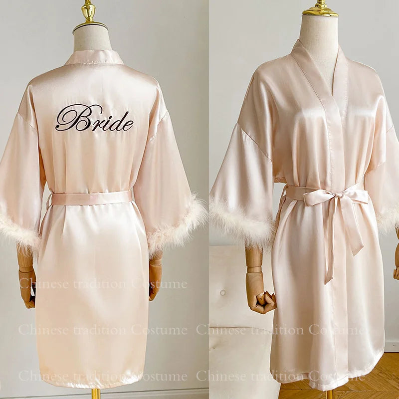 White Bride Wedding Robe with Feathers Women Satin Peignoir Sexy Bridesmids Kimono Gowns Short Bathrobe Bridal Intimate Lingerie - Matrix-studios.com