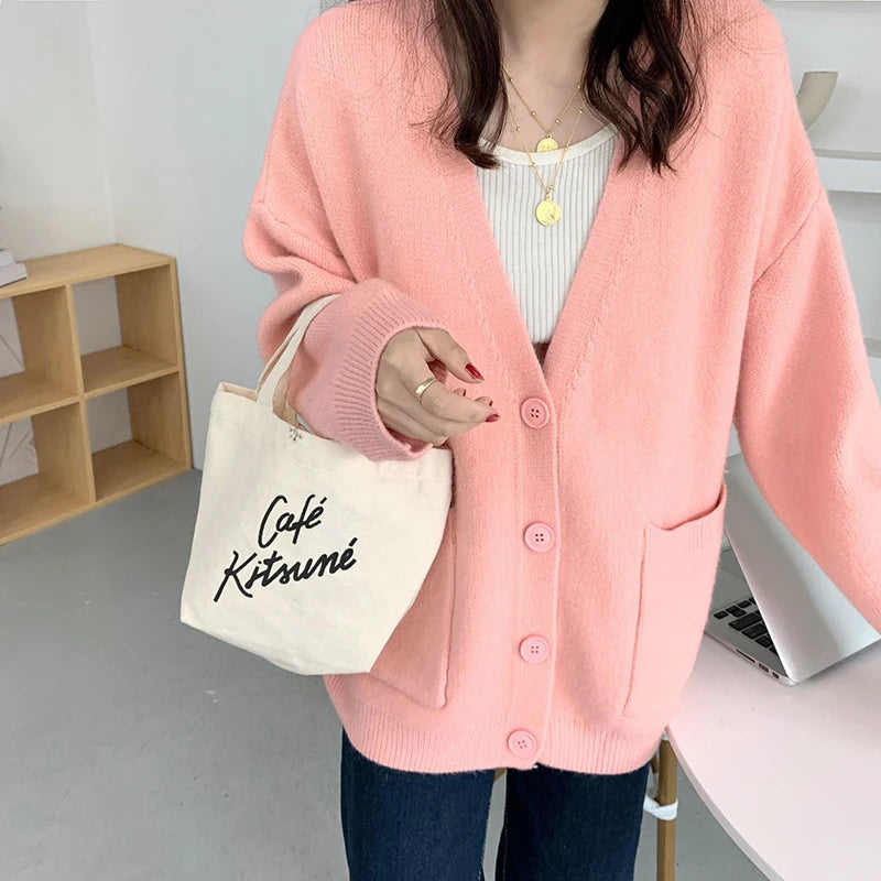 2024 Chic Yellow Sweater Cardigan Women Lazy Wind Single-Breasted Knitted Cardigan Women Solid V Neck Cardigans Female - Matrix Studios