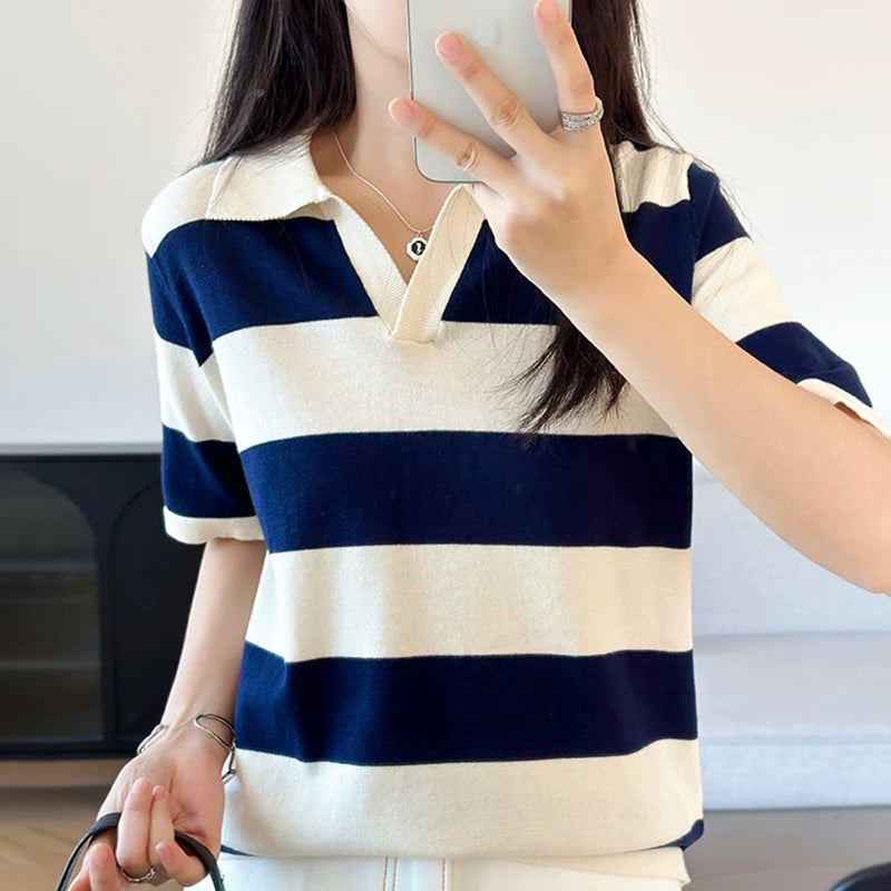WinvyNee Summer Half Sleeved Women's Solid Polo Shirt Casual Cotton Striped Top T-shirt Women Clothing Casual Knitted A1002022 - Matrix-studios.com
