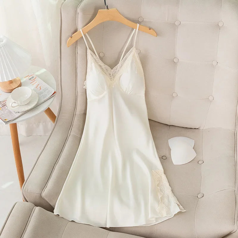 New Female Long Robe Nightgown Set Sexy Lace Trim Sleepwear Suspender Nightdress Spring Summer Casual Satin Home Dress Bathrobe - Matrix-studios.com