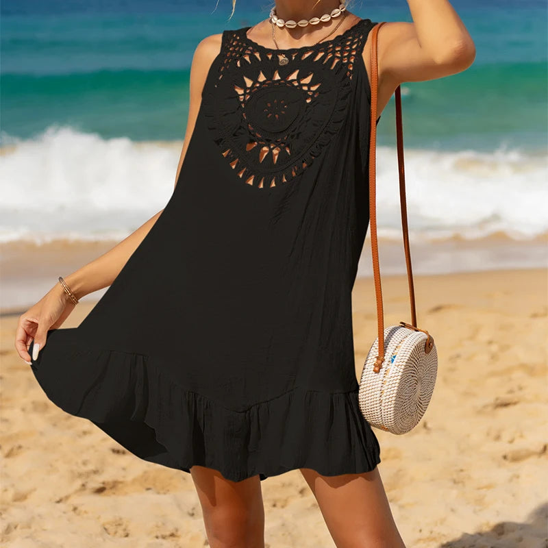 Solid Color Handmade Crochet Splicing Wooden Ear Dress Women Beach Bikini Cover Up Summer Holiday Hollow Out Sarong Short Dress - Matrix Studios