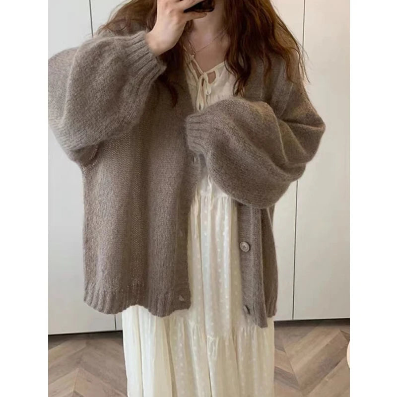 Autumn and Winter New Women's Solid Color Cardigan Sweater Fashion Casual Single-breasted Lantern Sleeve Sweater Jacket - Matrix Studios