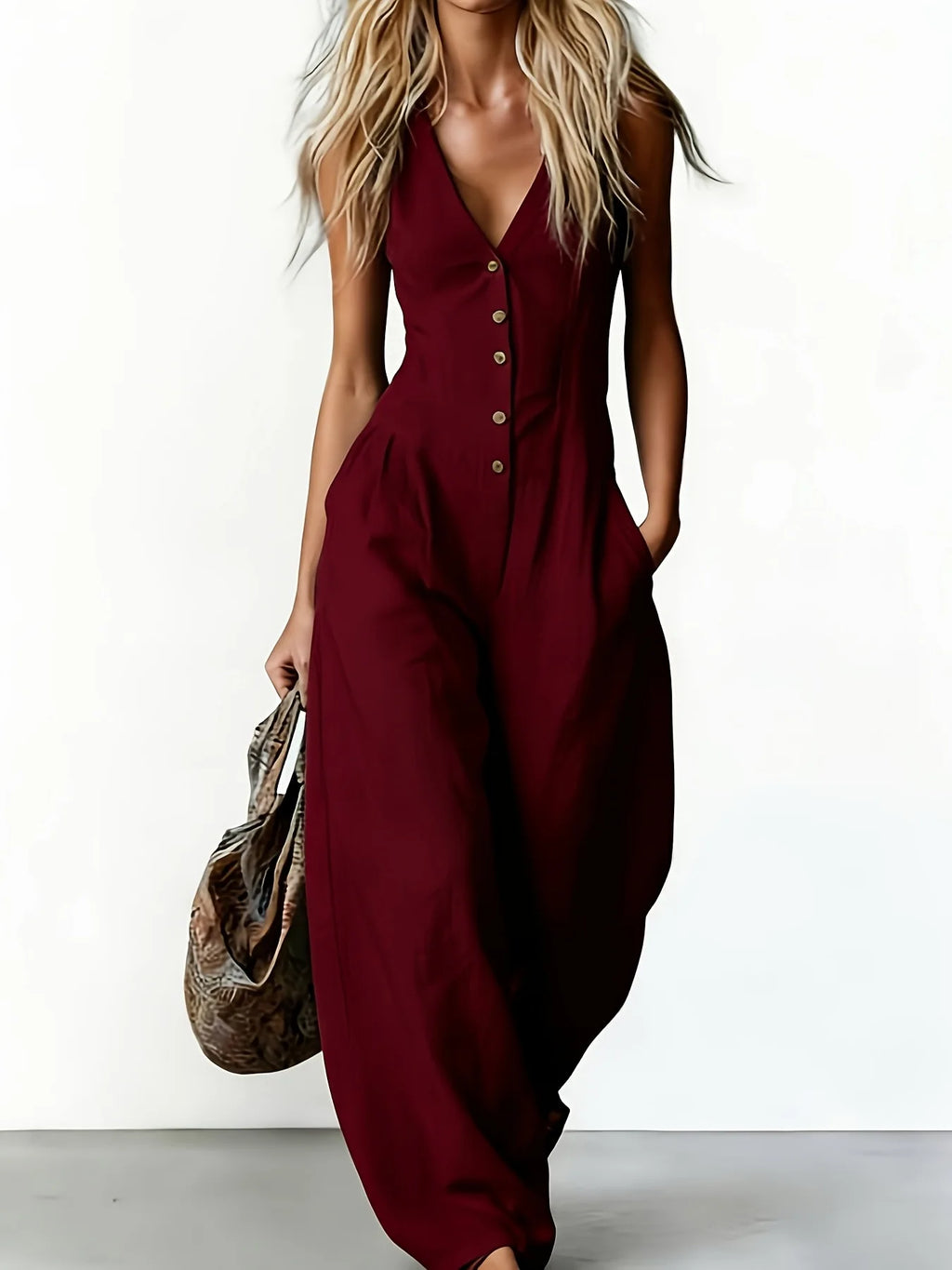 Sleeveless V-neck Buttoned Pocket Solid Color Loose Commuting Pocket Jumpsuit Women Summer New Beach Vacation All-match Jumpsuit - Matrix Studios