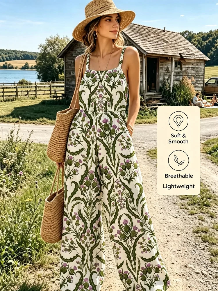 2026 New Style Fashionable Women's Printed One-Piece Pants, Bohemian Square Neckline, Loose Wide Legs, Elastic Waistband, Light-Colored Print, American Size, Shipped from the US Warehouse, Fast Delivery, Outdoor Vacation Slee - Matrix Studios