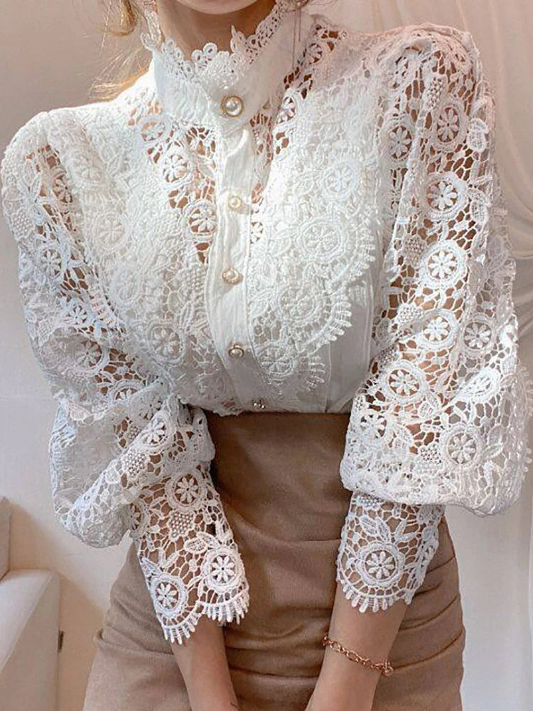 Women Chiffon Button Turtleneck Shirt Chic Elegant Floral Lace Fluffy Long Sleeve Top Fashion Hollow Oversize White Blouse 2025 - Matrix-studios.com