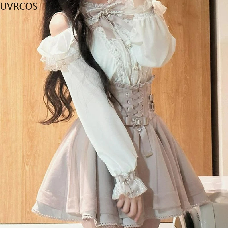2026 Japanese Kawaii Short Skirt Sets Sweet Ruffles Off Shoulder Bow Shirt Gown Faldas Y2k Aesthetic Mini Skirts Lolita Full Set - Matrix-studios.com