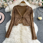 Women Tie Front Crop Cardigan Sheer Openwork Crochet Knit Top Lightweight Bolero Sweater Summer Fairycore Boho Chic Beach Outfit - Matrix Studios