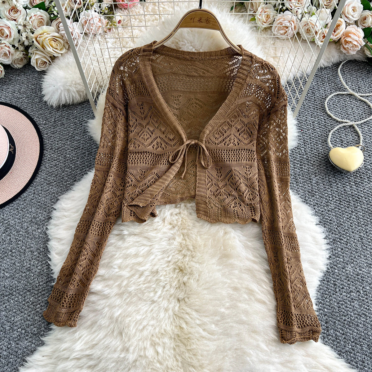 Women Tie Front Crop Cardigan Sheer Openwork Crochet Knit Top Lightweight Bolero Sweater Summer Fairycore Boho Chic Beach Outfit - Matrix Studios