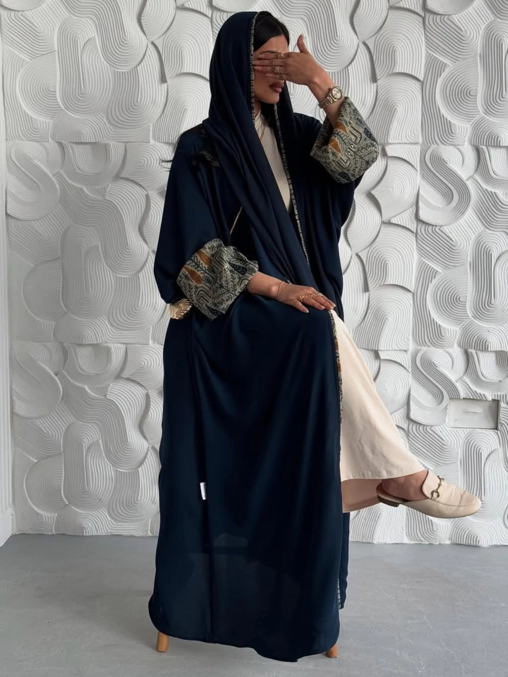 Muslim Women Abayas +Hajib 2pcs Islamic Kaftans Casual Maxi Dresses Arabian Jilbabs Middle Eastern Full Sleeve Open Front Abaya - Matrix-studios.com