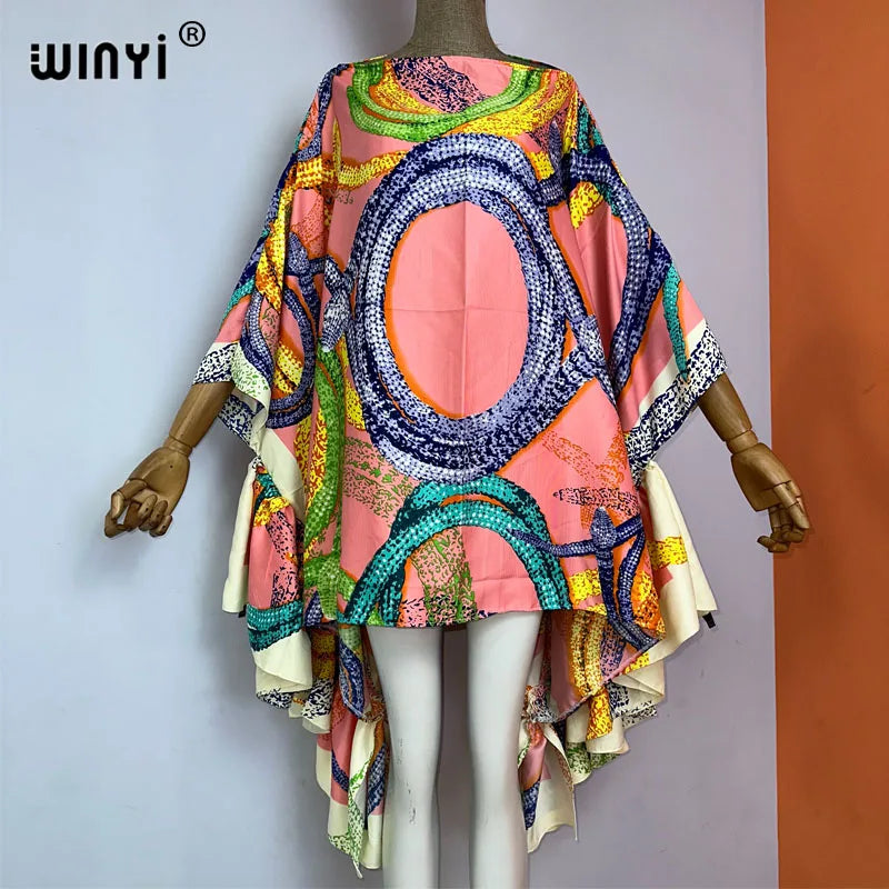 WINYI Women Summer Fashion Evening Party Beachwear Kuwait Bohemian Abaya Kaftan Puff Sleeve Sexy Elegant Beach Cover Up Dress - Matrix Studios