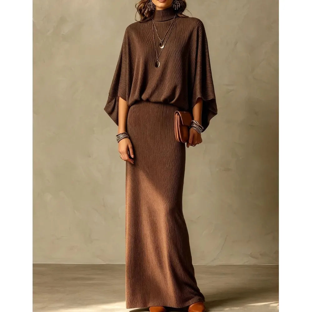 Autumn Winter New Fashion High Collar Bat Sleeve Skirt 2piece Set Women Casual Knitted Pit Strip Elegant Slim Hip Hip Skirt Suit - Matrix-studios.com