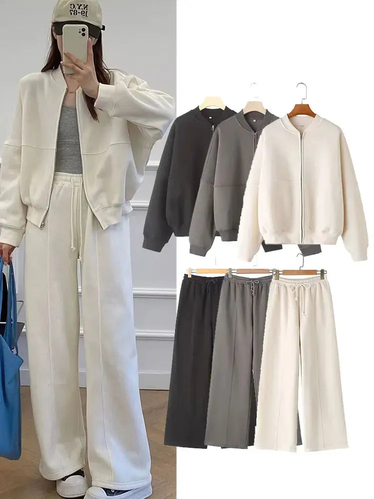 HH Women's Fall 2-Piece Retro Solid Color Zip Bomber Jacket Sweatshirt+High Waist Lace Up Women's Wide Leg Pants Street Wear - Matrix-studios.com
