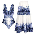 Fashion Women's Clothing One Piece Navy Print Swimsuit Bikini Set Beach Skirt Polyester Bodysuit Swimwear Style Wear Maxi Dress - Matrix Studios