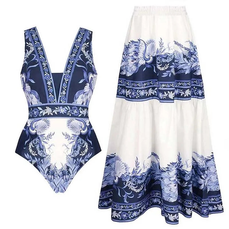 Fashion Women's Clothing One Piece Navy Print Swimsuit Bikini Set Beach Skirt Polyester Bodysuit Swimwear Style Wear Maxi Dress - Matrix Studios