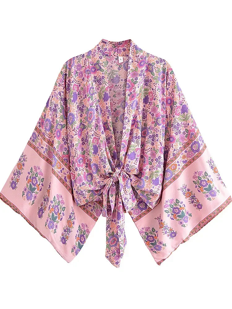 Boho Queens Kimono Cardigan Floral Short Robe Swimsuits Women Fashion Batwing Sleeves Rayon Bohemian Bikini Cover Ups Beachwear - Matrix Studios