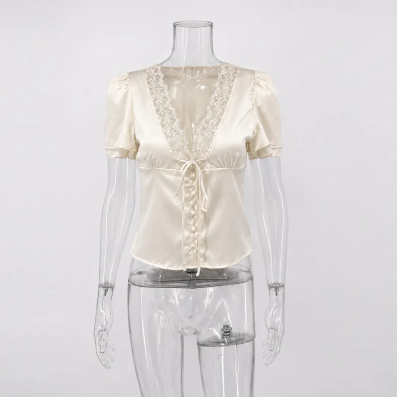 Tossy Lace Summer V-Neck T-shirt Top For Women Lace-Up Hollow Out Short Sleeve Printed Cropped Top Pullover Female Bandage Tee - Matrix-studios.com