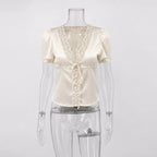 Tossy Lace Summer V-Neck T-shirt Top For Women Lace-Up Hollow Out Short Sleeve Printed Cropped Top Pullover Female Bandage Tee - Matrix-studios.com