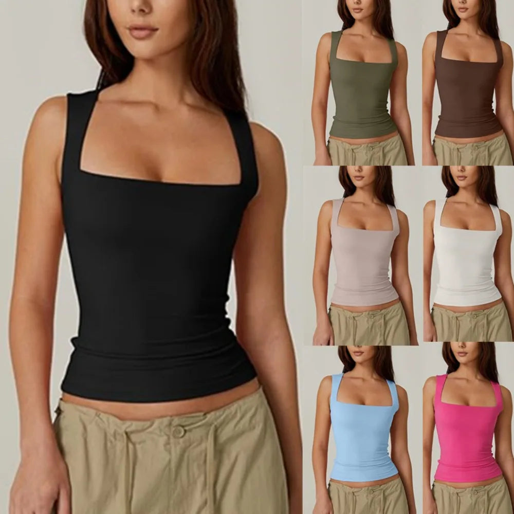 2026 Summer Women's Square Neck Sleeveless Double Layer Tank Top Basic Tight T-shirt Y2k Goth Tank Top Women  Crop Tops - Matrix-studios.com