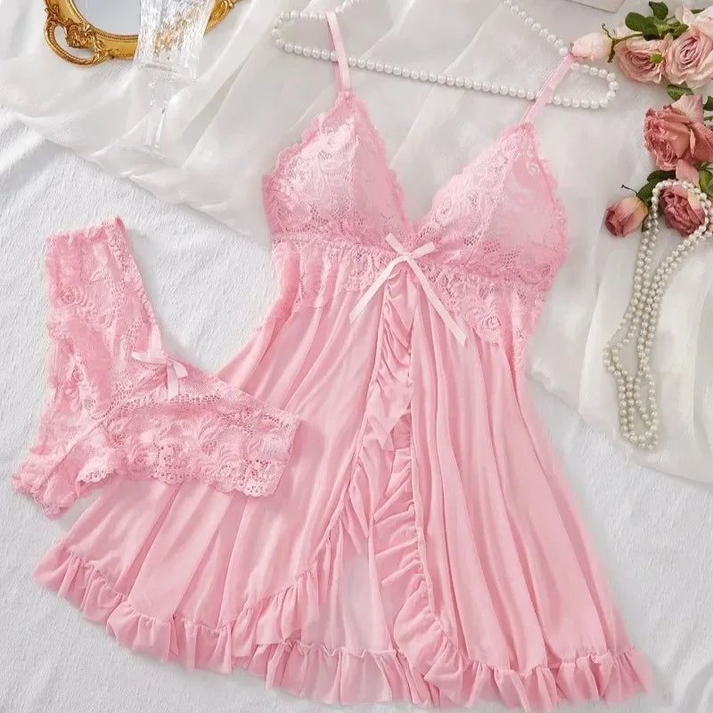Sexy Lingerie Set Women Erotic Bra Nightdress Sexy Lace Sleepwear Solid Slim Soft Dresses V Neck Full Slip Sleepwear & Dresses - Matrix-studios.com
