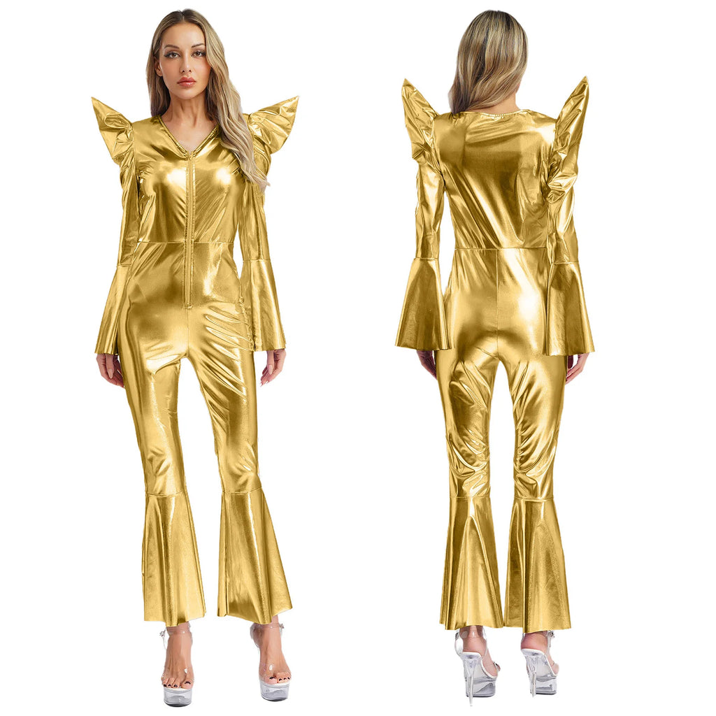 Women Vintage One Piece 70s Disco Dance Rompers Sleeveless Metallic Bell Bottom Flared Pants Jumpsuit for Retro Party Jazz Dance - Matrix Studios