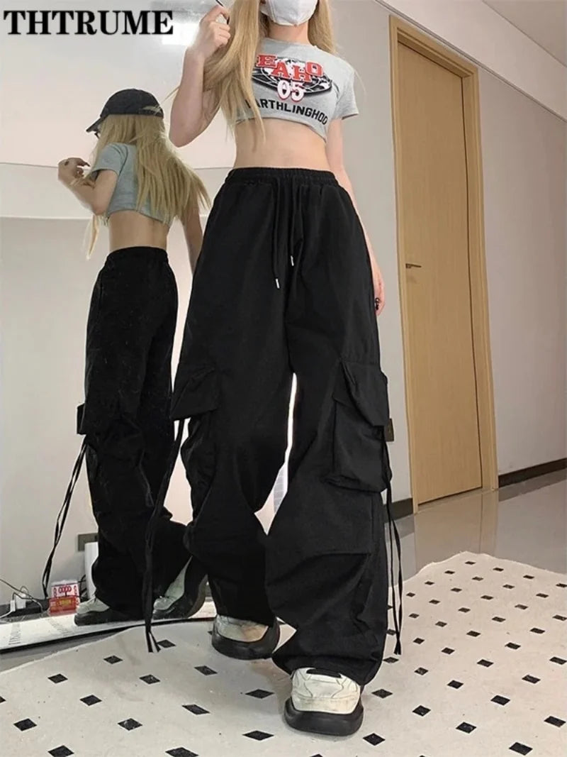 Retro Vintage High Street Baggy Pants Fashion Women Oversized Drawstring Pocket New Pant Casual Streetwear Loose Jogger Trousers - Matrix-studios.com