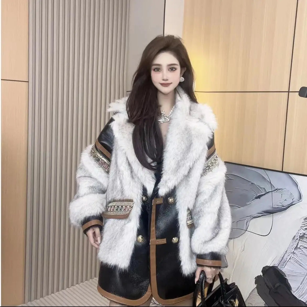 Ethnic Winter Faux Fox Fur PU Splice Coat Turn Down Collar Imitation Mink Fur Faux Leather Jacket Warm Furry Parka Cardigan Tops - Matrix Studios