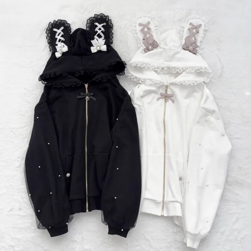 Bunny Hoodie Hoodies Y2K Rabbit Ear Hoodie Lolita Jacket Bow Girls Pearl JK Japan Lace Kawaii Zipper Cardigan Long Sleeved Top - Matrix Studios