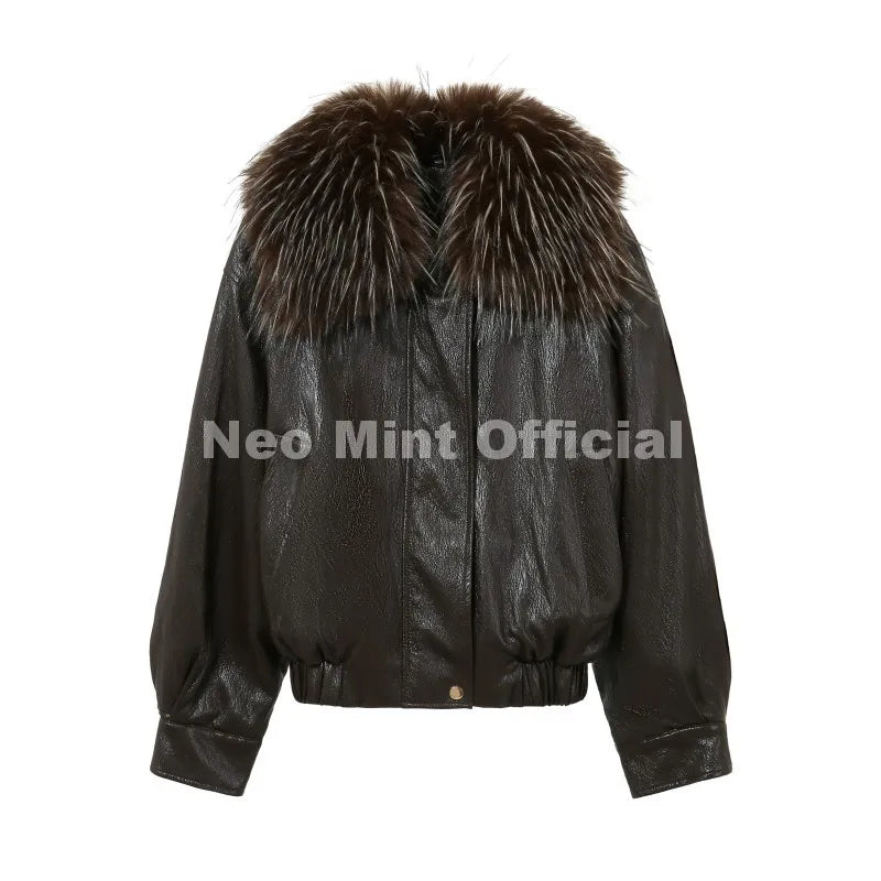 Neo Mint Exclusive Faux Raccoon Fur Collar Brown PU Leather Jacket Women 2026 Winter Warm Windproof Insulation Faux Leather Coat - Matrix Studios