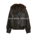 Neo Mint Exclusive Faux Raccoon Fur Collar Brown PU Leather Jacket Women 2026 Winter Warm Windproof Insulation Faux Leather Coat - Matrix Studios