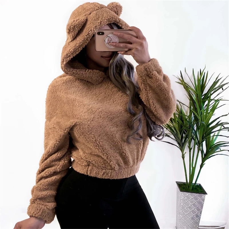 Winter Korean Fashion Bear Ears Cute Loose Hoodie Fluffy Hooded Warm Sweatshirt Long Sleeve Top Solid Pullover Clothes For Women - Matrix Studios