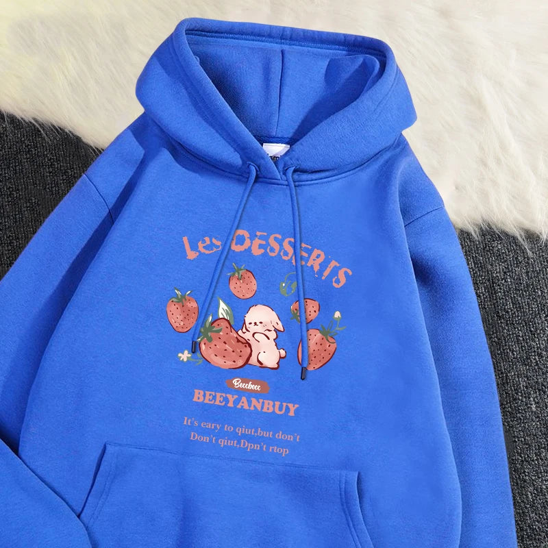 Fashion Women'S Hoodie Cute Strawberry And Rabbit Printed Sweatshirt Pocket Soft Warm Breathable Pullover Autumn Winter Hoody - Matrix Studios