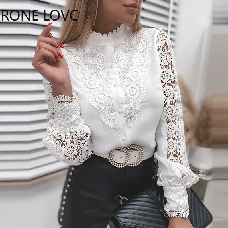 Shirts Elegant Office Ladies White Collared Lace Patchwork Hollow Out Button Up Womens Tops And Blouses 2024 Fashion New Blouse - Matrix-studios.com