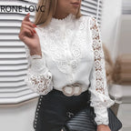 Shirts Elegant Office Ladies White Collared Lace Patchwork Hollow Out Button Up Womens Tops And Blouses 2024 Fashion New Blouse - Matrix-studios.com