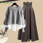 2026 Spring/Autumn New Korean Elegant Splice Fake Two Piece Knitted Sweater Dress Matching Set Women's Chic Pullover Skirt Set - Matrix-studios.com