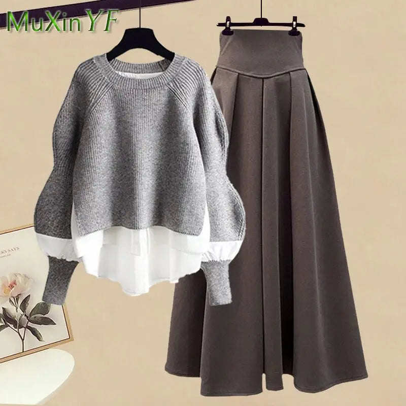 2026 Spring/Autumn New Korean Elegant Splice Fake Two Piece Knitted Sweater Dress Matching Set Women's Chic Pullover Skirt Set - Matrix-studios.com