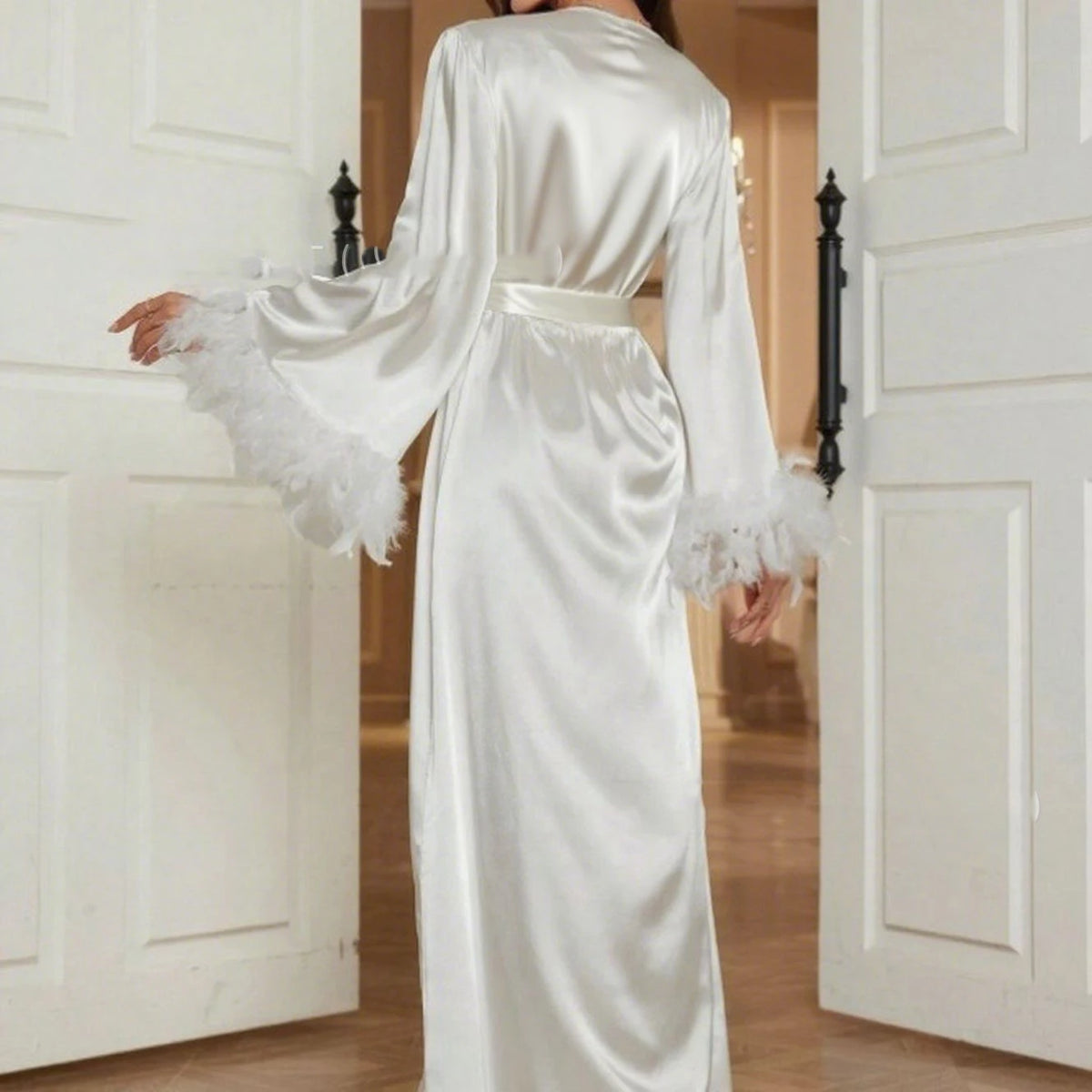 Luxury Long Bride Wedding Robe Dress with Feather Elegant Ice Silk Long Kimono Bathrobe Gown Yukata Sexy Loose Homewear Pajama - Matrix-studios.com