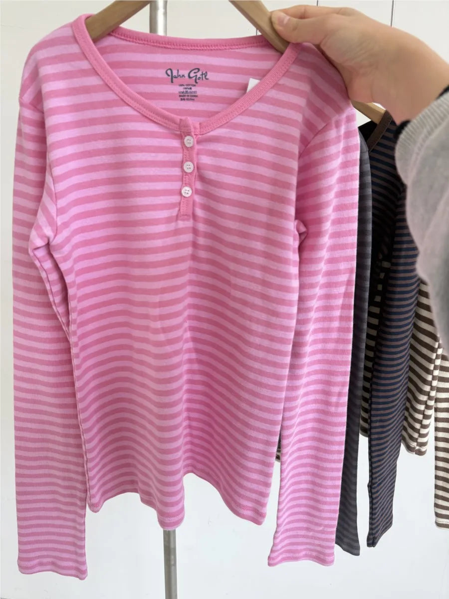 Pink Striped Slim Long Sleeve Tees Women Spring Casual Cotton O-neck Tshirt New Tops Clothes Sweet Cute  Vintage T-shirts Y2K - Matrix-studios.com