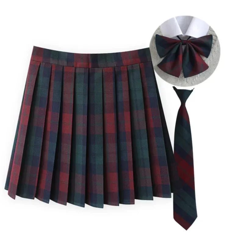 Women Summer Plaid Pleated Skirt With Necktie Bowtie Korean Jk Skirt Uniform Japanese School Preppy A Line Mini Skirts - Matrix-studios.com