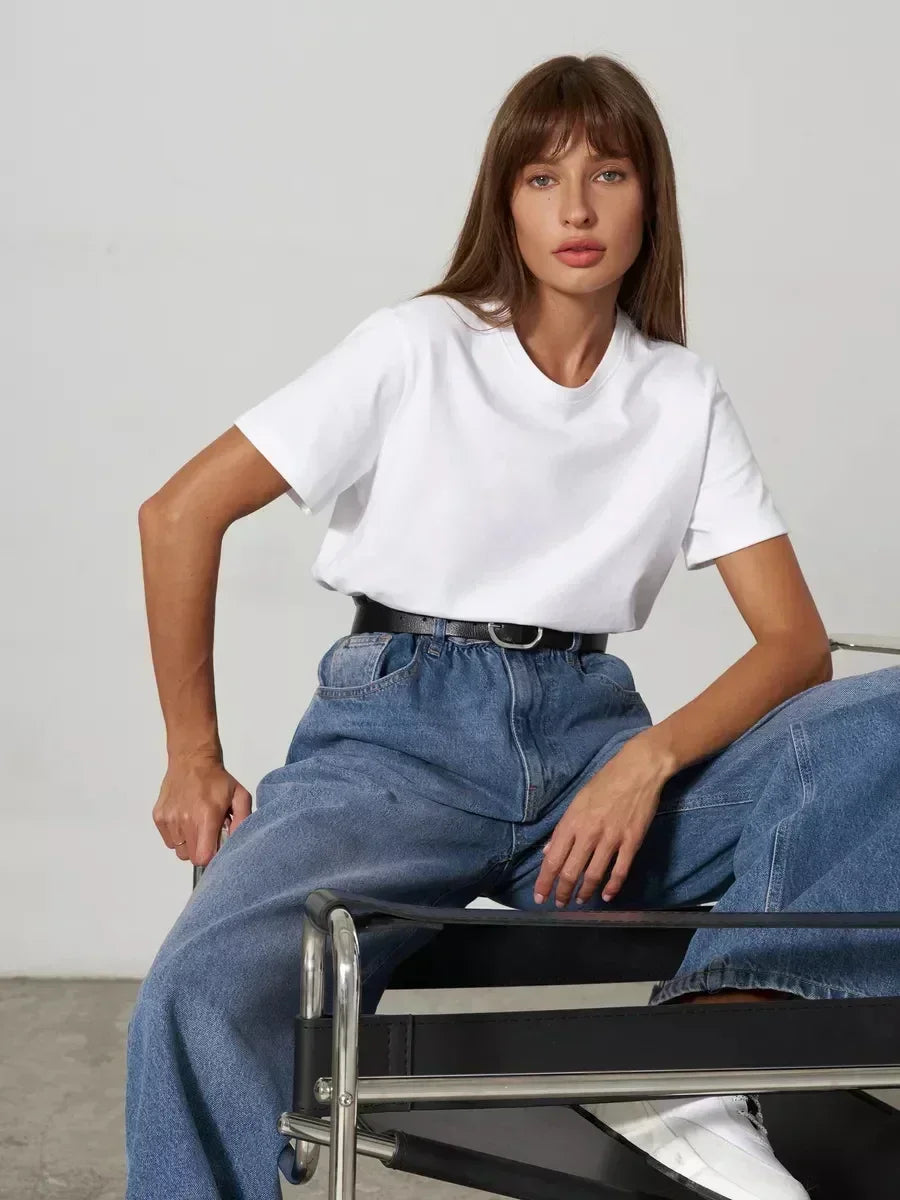 Bornladies Summer 100% Cotton Women's T-shirt Bottoming Basic Fashionable Solid Lady Short Sleeve Loose Tops Shirts 230g/㎡ Tops - Matrix-studios.com