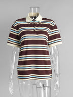 Sumuyoo Women's Retro Striped Polo T-Shirt Loose Fit Short Sleeve Casual Knitted Shirt Fashionable Summer Top for Ladies - Matrix-studios.com