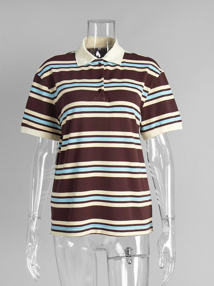 Sumuyoo Women's Retro Striped Polo T-Shirt Loose Fit Short Sleeve Casual Knitted Shirt Fashionable Summer Top for Ladies - Matrix-studios.com