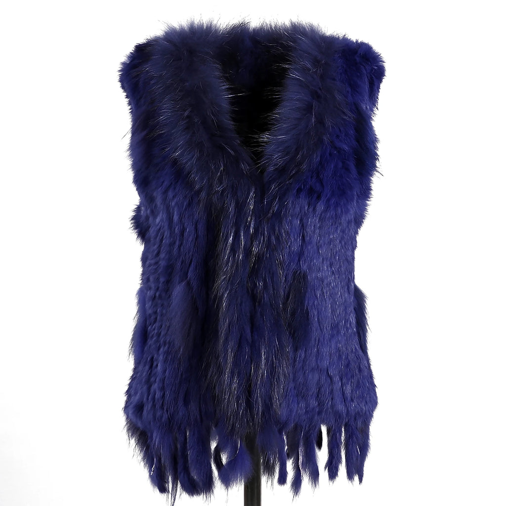 BOONJOVIA Women's 100% Real Rabbit Fur Knitted Vest Raccoon Fur Trim Collar Gilet Lady Fashion Waistcoat For Autumn Winter - Matrix Studios